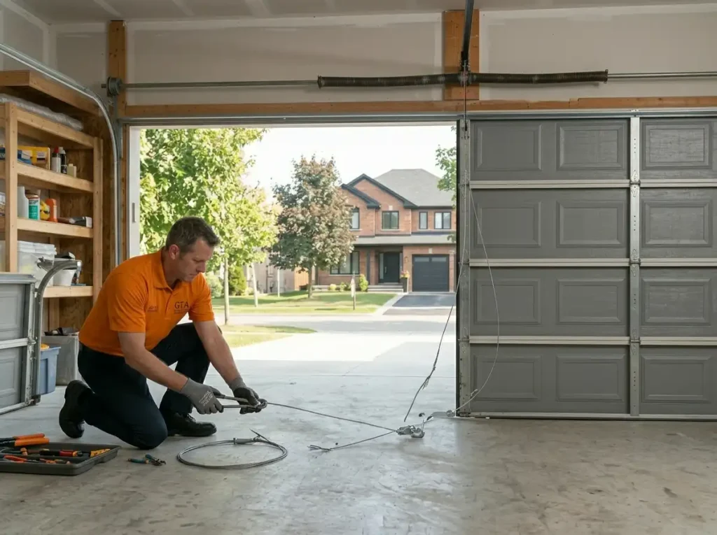 SOS Garage Doors licensed technician replacing broken garage door cable and inspecting drum system inside residential garage in Toronto GTA