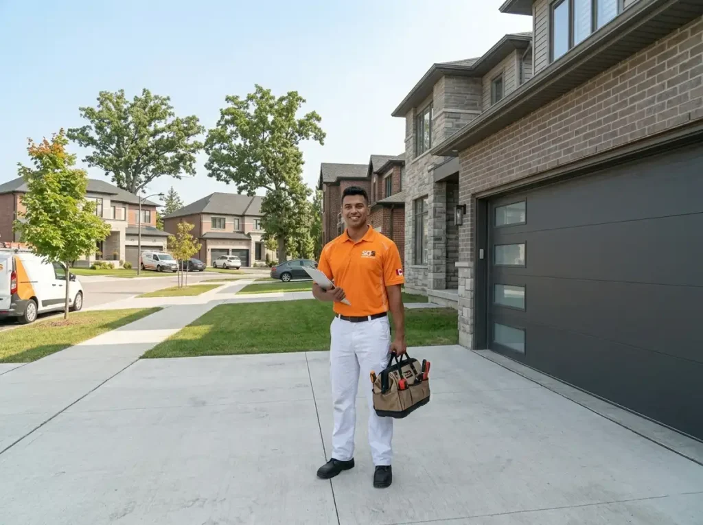 SOS Garage Doors technician completing full residential garage door service on a detached suburban home in Toronto GTA