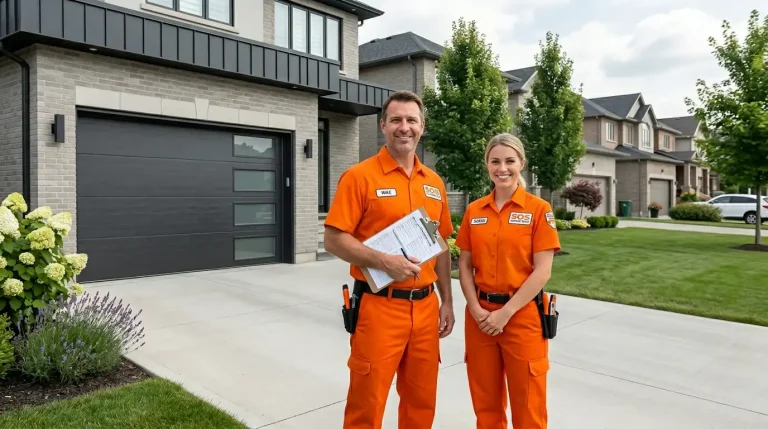 Licensed SOS Garage Doors technician standing beside service van outside residential home in the GTA